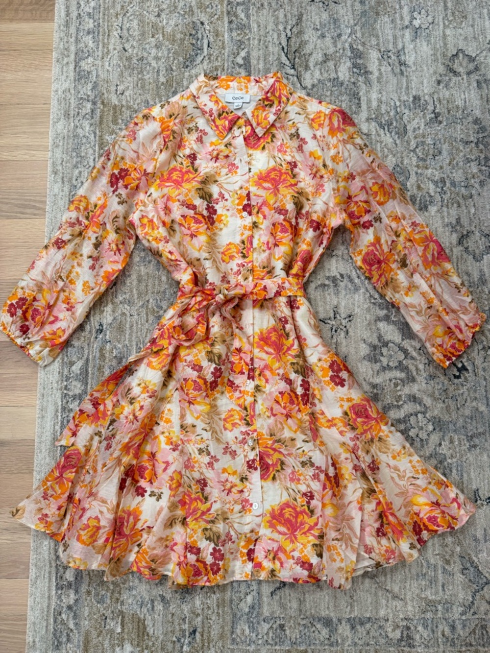 CeCe Spring Floral Button-Front Dress in Pink, Yellow & Cream - Picture 2 of 10